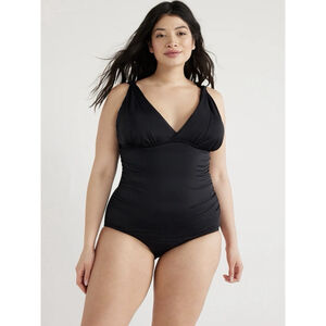 NWT Time And Tru Shirred Slimming Silhouette Plunge One Piece Swimsuit Black 1X